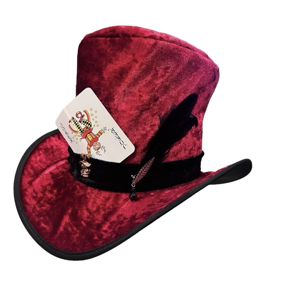 Steampunk Mad Hatter Top Hat Red Velvet Feather Joker Card Halloween Cosplay